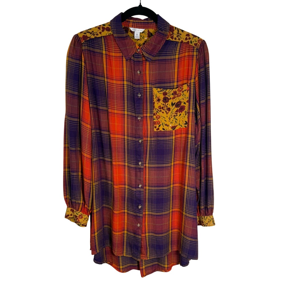 Cato Plaid Floral Rayon Tunic Size Med Boho Cottagecore Autumn Grunge Eclectic